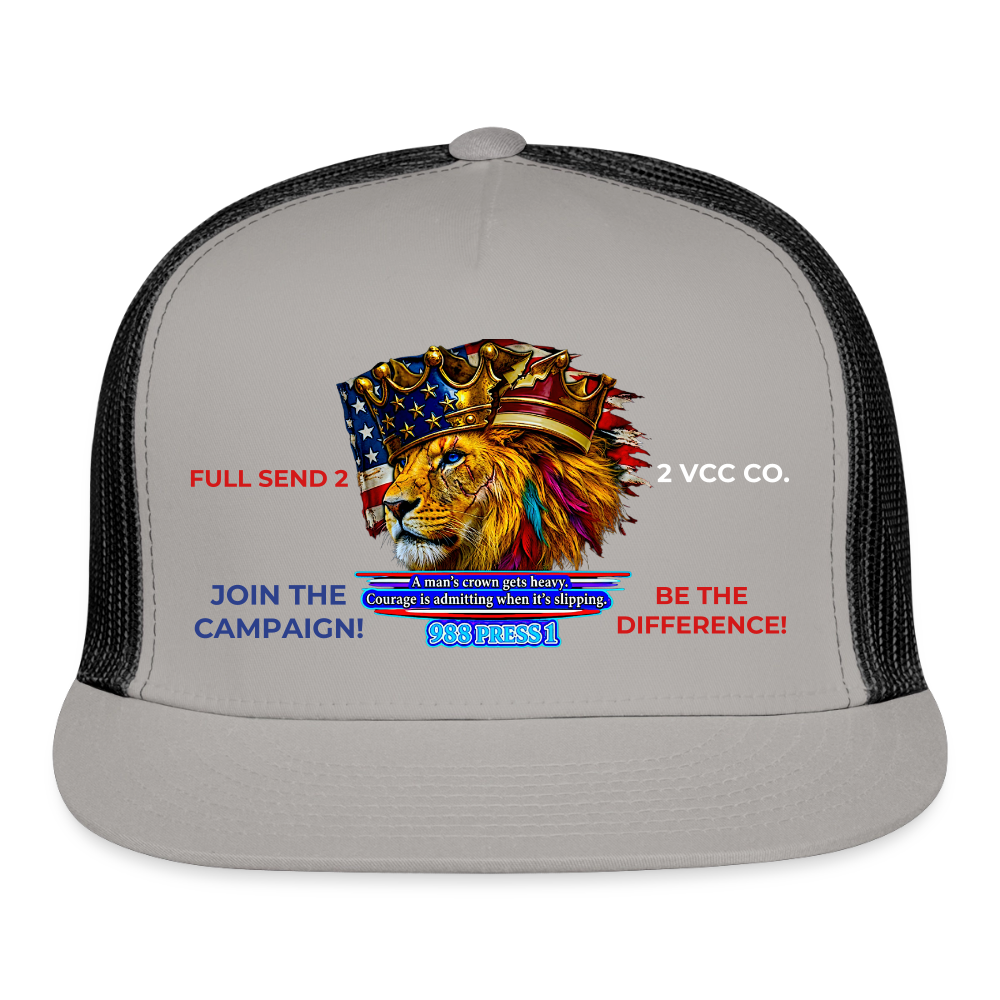 Trucker Burdened King Patriotic Lion Trucker Cap – American Flag & 988 Support Hat - gray/black