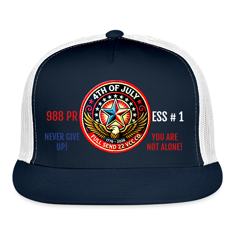 Trucker Hat| Show your pride and purpose with the Never Give Up! You Are Not Alone Hat from Full Send 22 VCC Co. — a veteran‑founded brand dedicated to raising awareness for men’s mental health and veteran suicide prevention. Hat Version 1 - navy/white