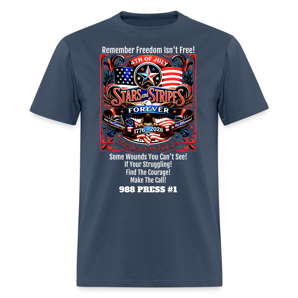Men's T-Shirt | Freedom Isn’t Free Patriotic 250th Anniversary Shirt – Stars and Stripes Forever – Veteran & Men’s Mental Health Awareness Tee -  blue dusk
