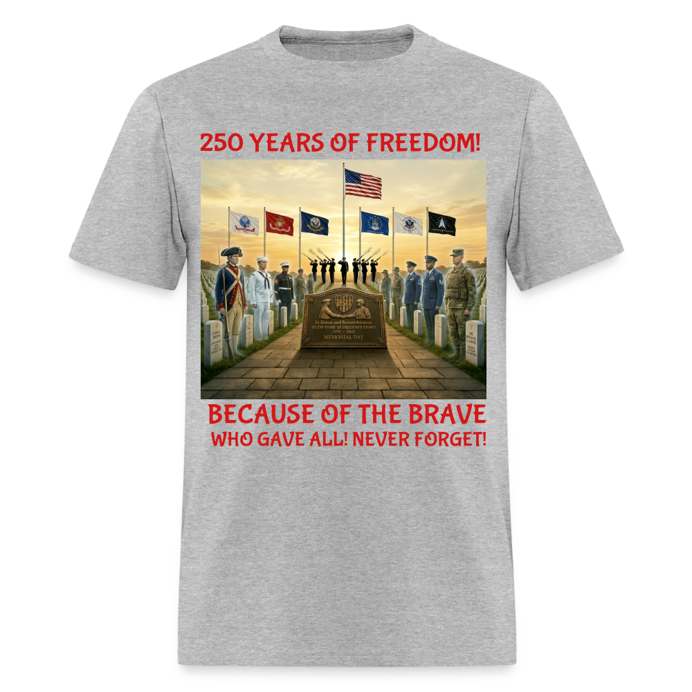 Men’s Memorial Day 2026 Shirt | 250 Years of Freedom Tribute Tee with Soldiers 1776‑2026, 21‑Gun Salute, American Flag, Six Military Branches, Because of the Brave Never Forget - heather gray