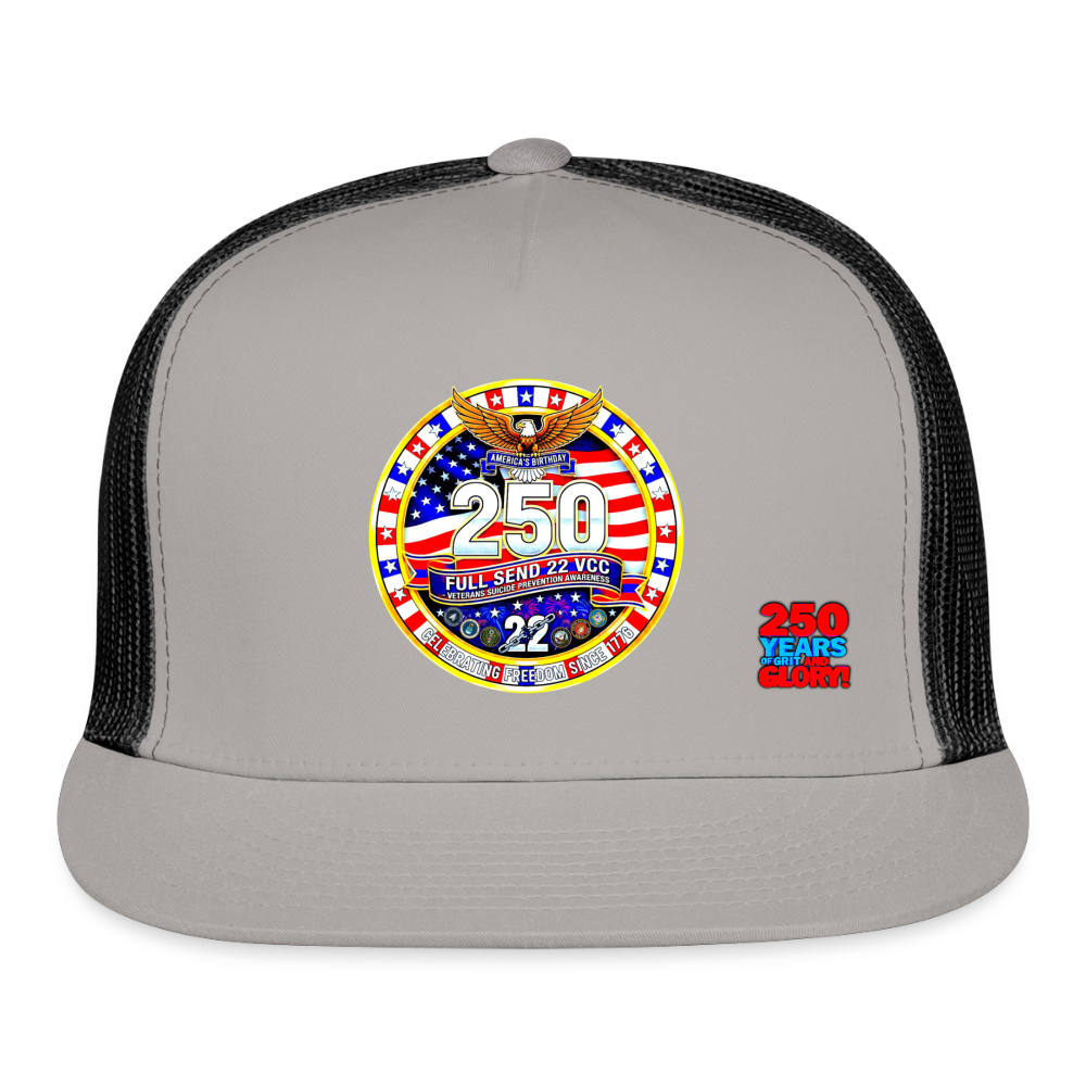 America 250 Trucker Cap Blue and White Patriotic Hat with Red White and Blue Logo Celebrating 250 Years of Grit and Glory USA Mesh Back Cap - gray/black