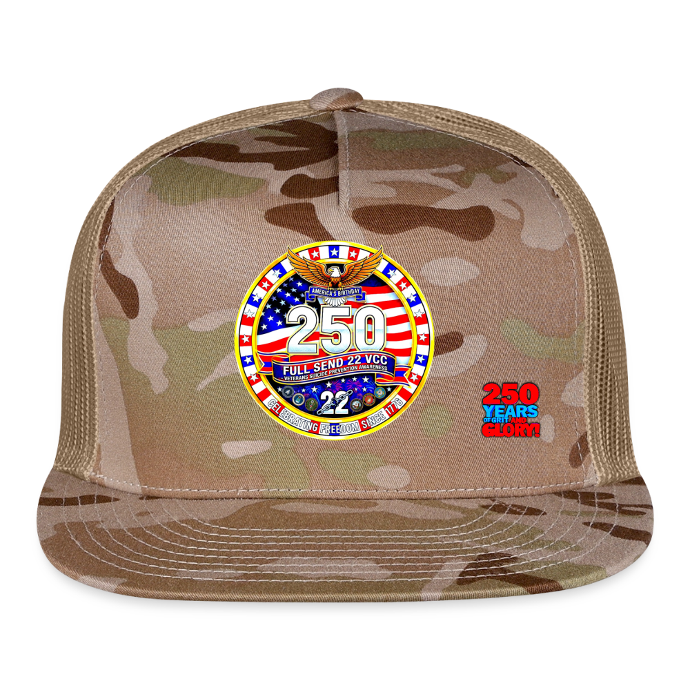 America 250 Trucker Cap Blue and White Patriotic Hat with Red White and Blue Logo Celebrating 250 Years of Grit and Glory USA Mesh Back Cap - MultiCam\tan