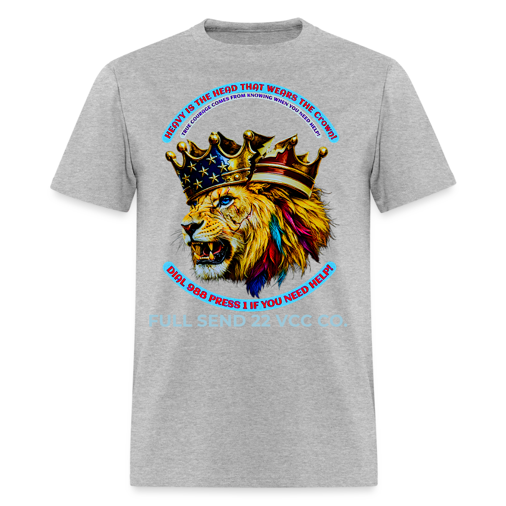 Men's T-Shirt Burdened King Patriotic Lion Shirt – Men’s Mental Health & 988 Support Tee - heather gray