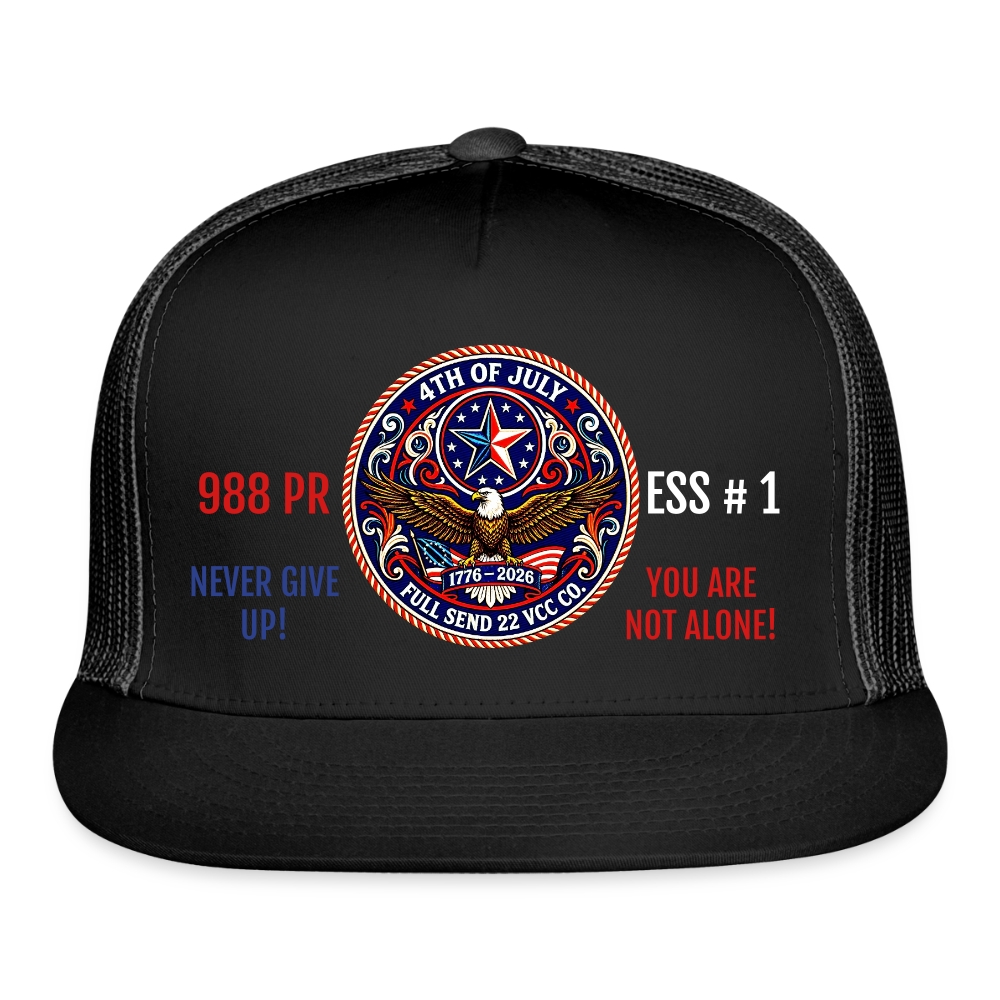 Trucker Hat| Trucker Hat| Show your pride and purpose with the Never Give Up! You Are Not Alone Hat from Full Send 22 VCC Co. — a veteran‑founded brand dedicated to raising awareness for men’s mental health and veteran suicide prevention. Version 2 - black/black