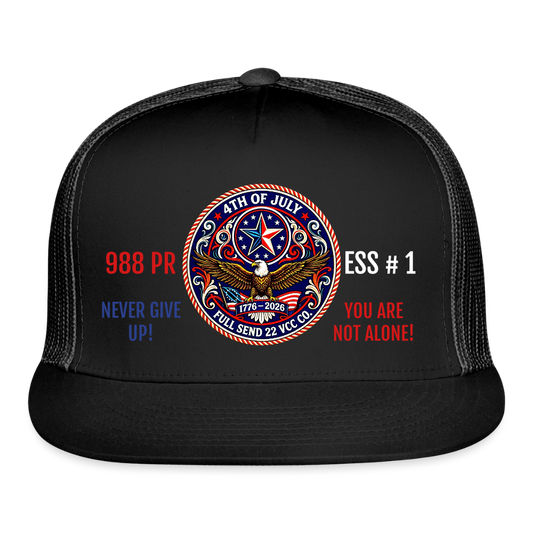 Trucker Hat| Trucker Hat| Show your pride and purpose with the Never Give Up! You Are Not Alone Hat from Full Send 22 VCC Co. — a veteran‑founded brand dedicated to raising awareness for men’s mental health and veteran suicide prevention. Version 2 - black/black