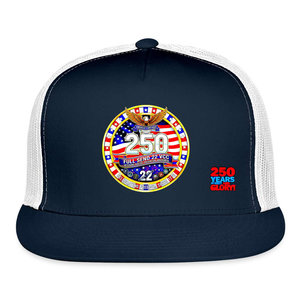 America 250 Trucker Cap Blue and White Patriotic Hat with Red White and Blue Logo Celebrating 250 Years of Grit and Glory USA Mesh Back Cap - navy/white