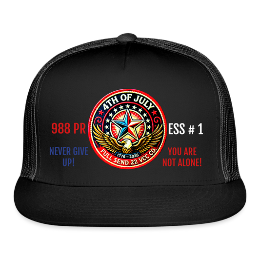 Trucker Hat| Show your pride and purpose with the Never Give Up! You Are Not Alone Hat from Full Send 22 VCC Co. — a veteran‑founded brand dedicated to raising awareness for men’s mental health and veteran suicide prevention. Hat Version 1 - black/black