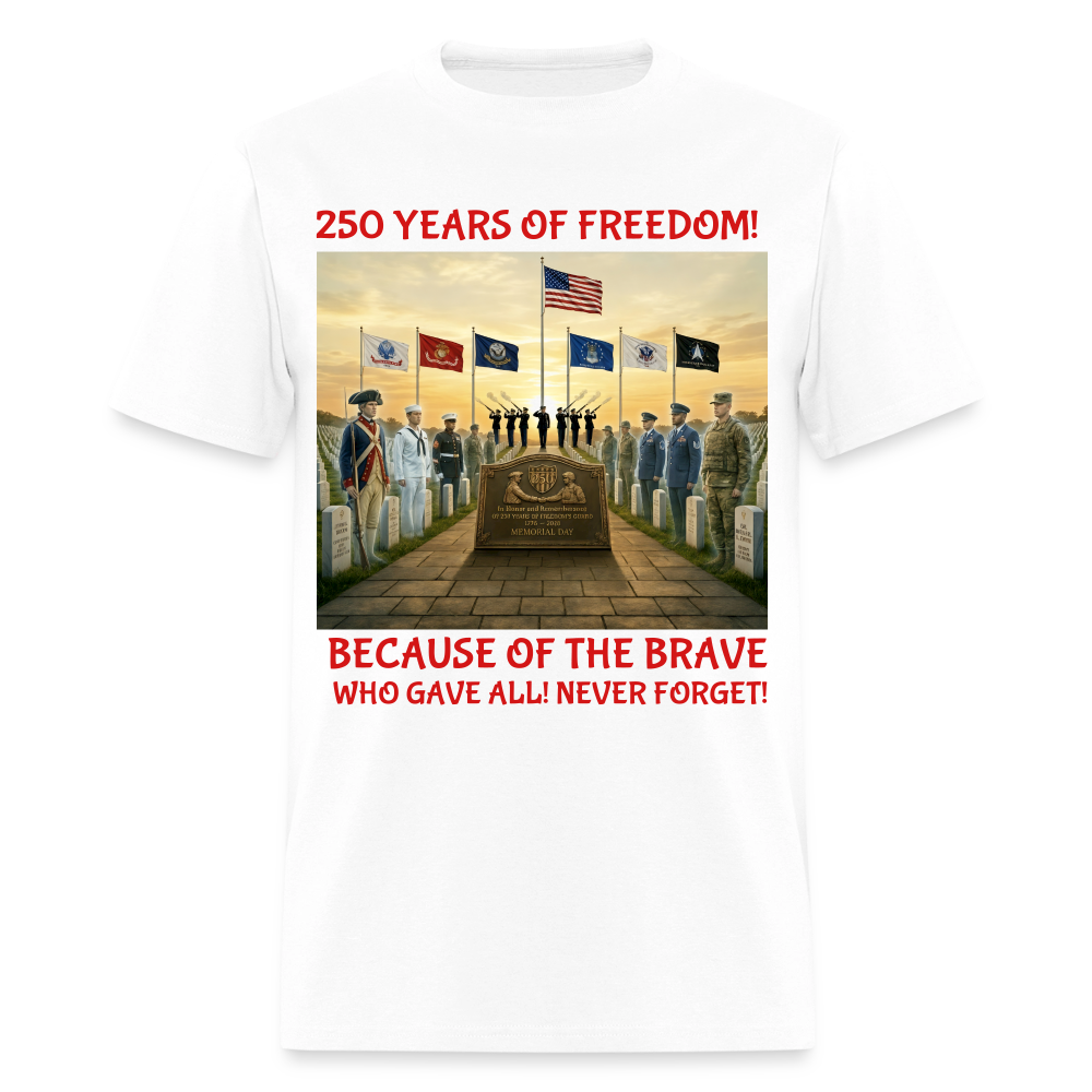 Men’s Memorial Day 2026 Shirt | 250 Years of Freedom Tribute Tee with Soldiers 1776‑2026, 21‑Gun Salute, American Flag, Six Military Branches, Because of the Brave Never Forget - white