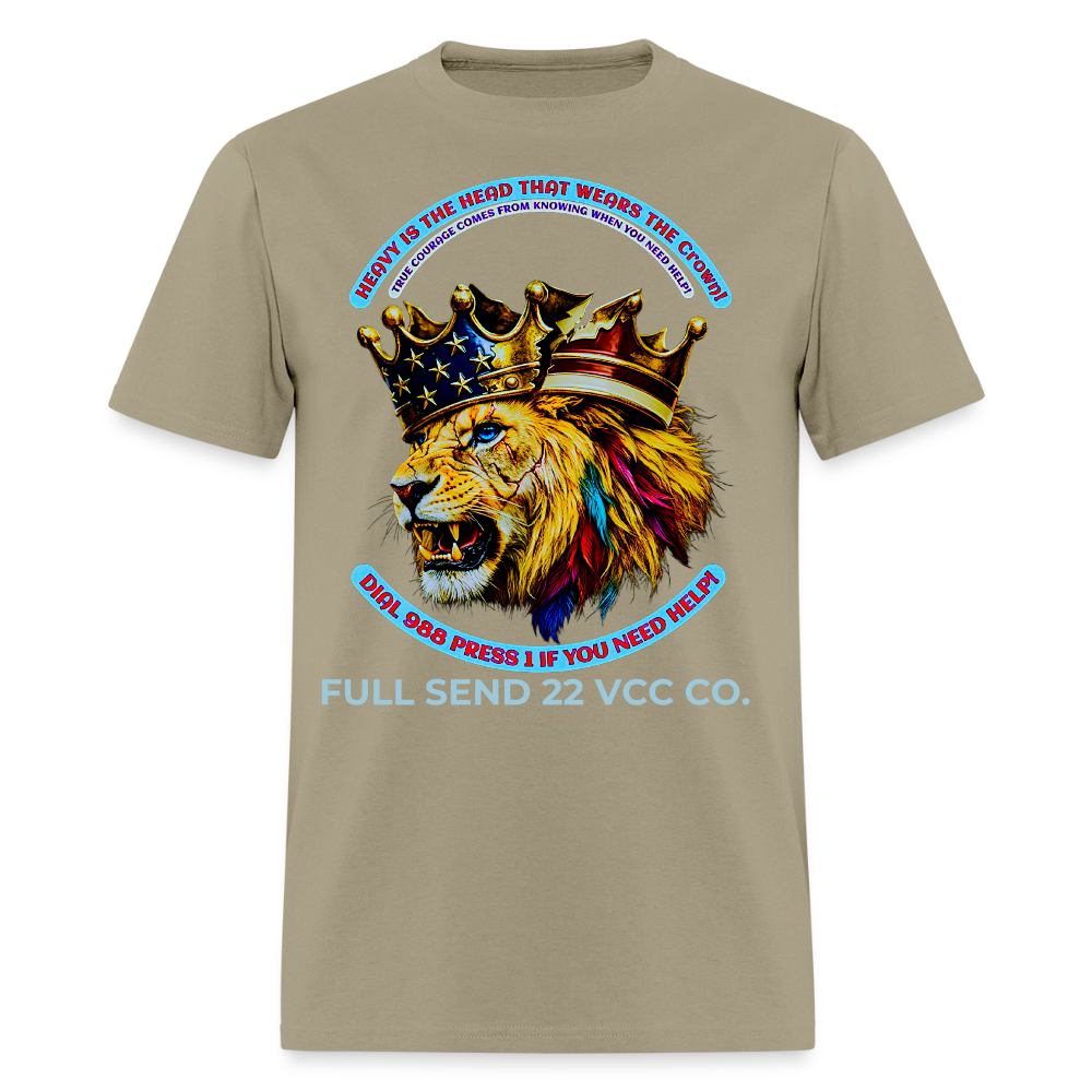 Men's T-Shirt Burdened King Patriotic Lion Shirt – Men’s Mental Health & 988 Support Tee - khaki