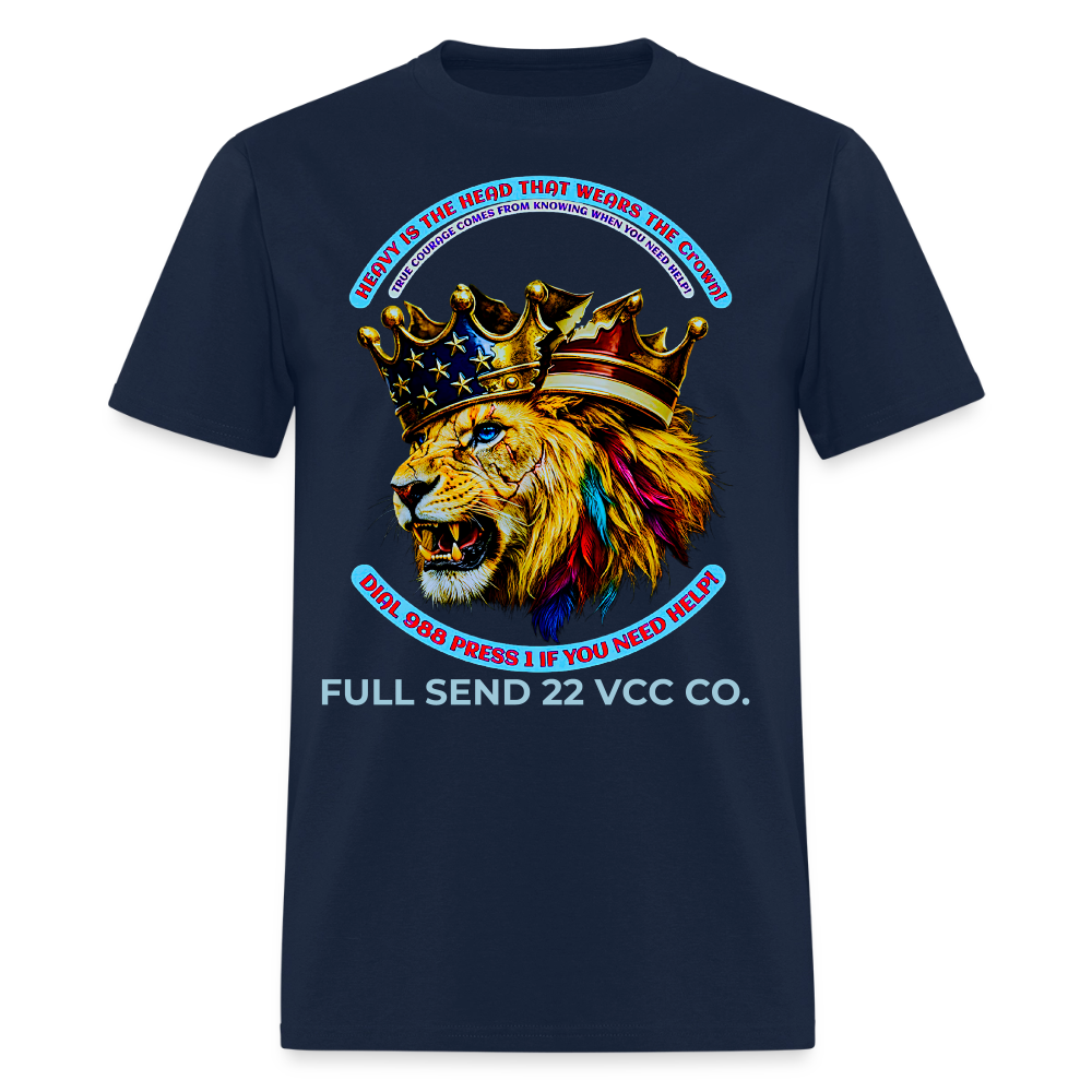 Men's T-Shirt Burdened King Patriotic Lion Shirt – Men’s Mental Health & 988 Support Tee - navy