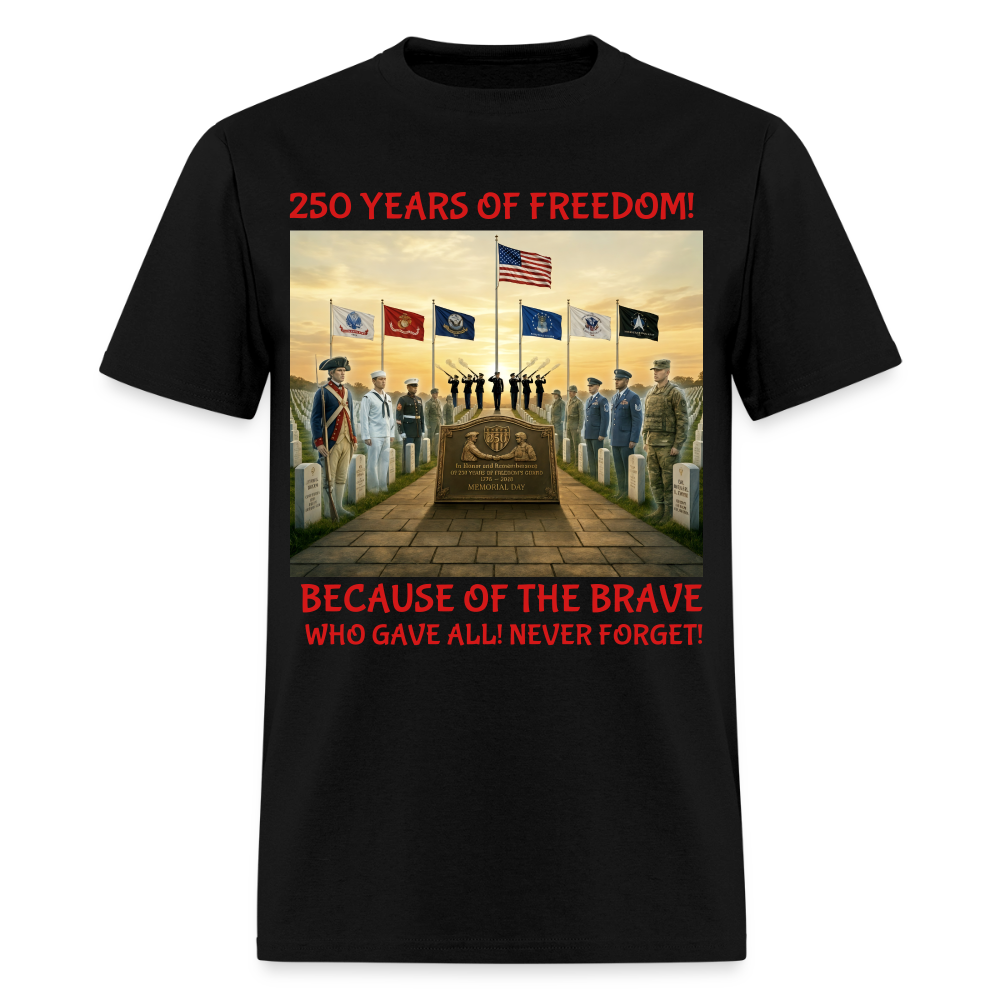 Men’s Memorial Day 2026 Shirt | 250 Years of Freedom Tribute Tee with Soldiers 1776‑2026, 21‑Gun Salute, American Flag, Six Military Branches, Because of the Brave Never Forget - black