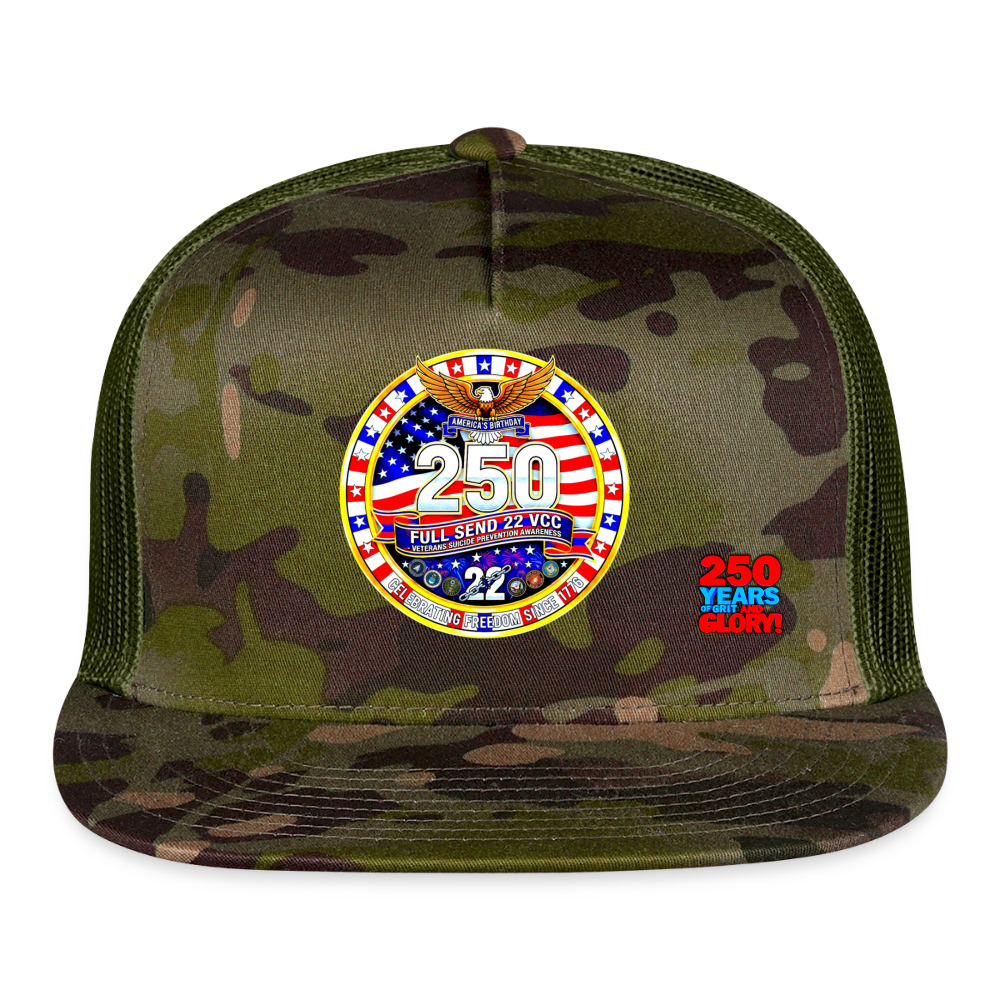 America 250 Trucker Cap Blue and White Patriotic Hat with Red White and Blue Logo Celebrating 250 Years of Grit and Glory USA Mesh Back Cap - MultiCam\green