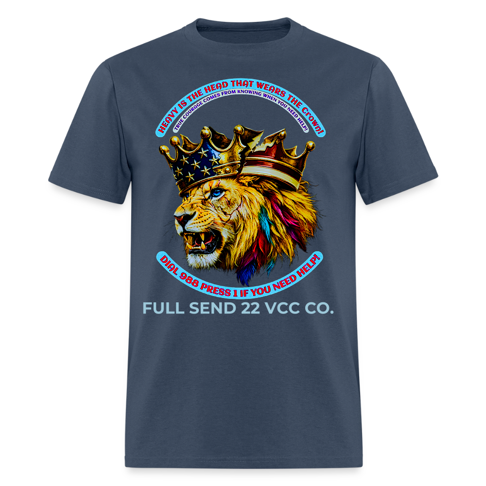 Men's T-Shirt Burdened King Patriotic Lion Shirt – Men’s Mental Health & 988 Support Tee -  blue dusk