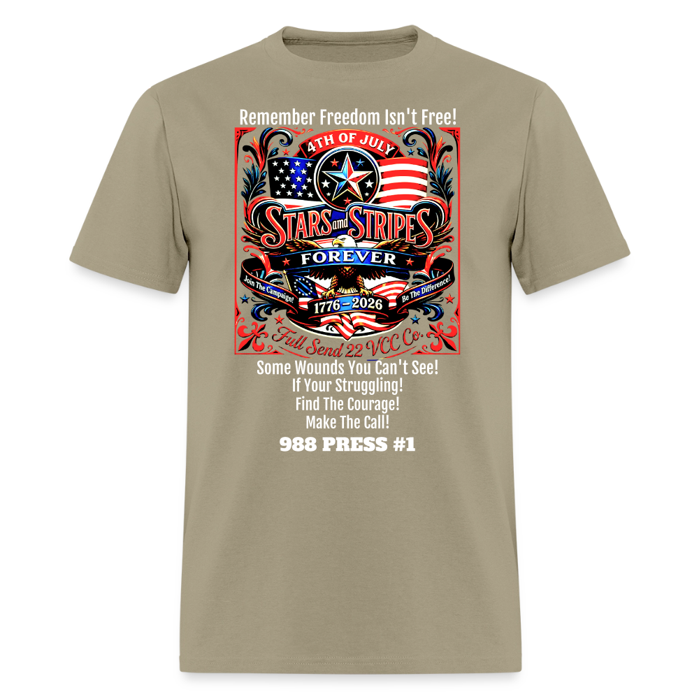 Men's T-Shirt | Freedom Isn’t Free Patriotic 250th Anniversary Shirt – Stars and Stripes Forever – Veteran & Men’s Mental Health Awareness Tee - khaki