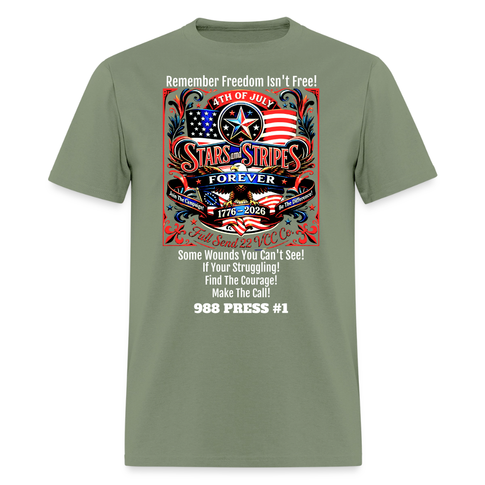 Men's T-Shirt | Freedom Isn’t Free Patriotic 250th Anniversary Shirt – Stars and Stripes Forever – Veteran & Men’s Mental Health Awareness Tee - military green