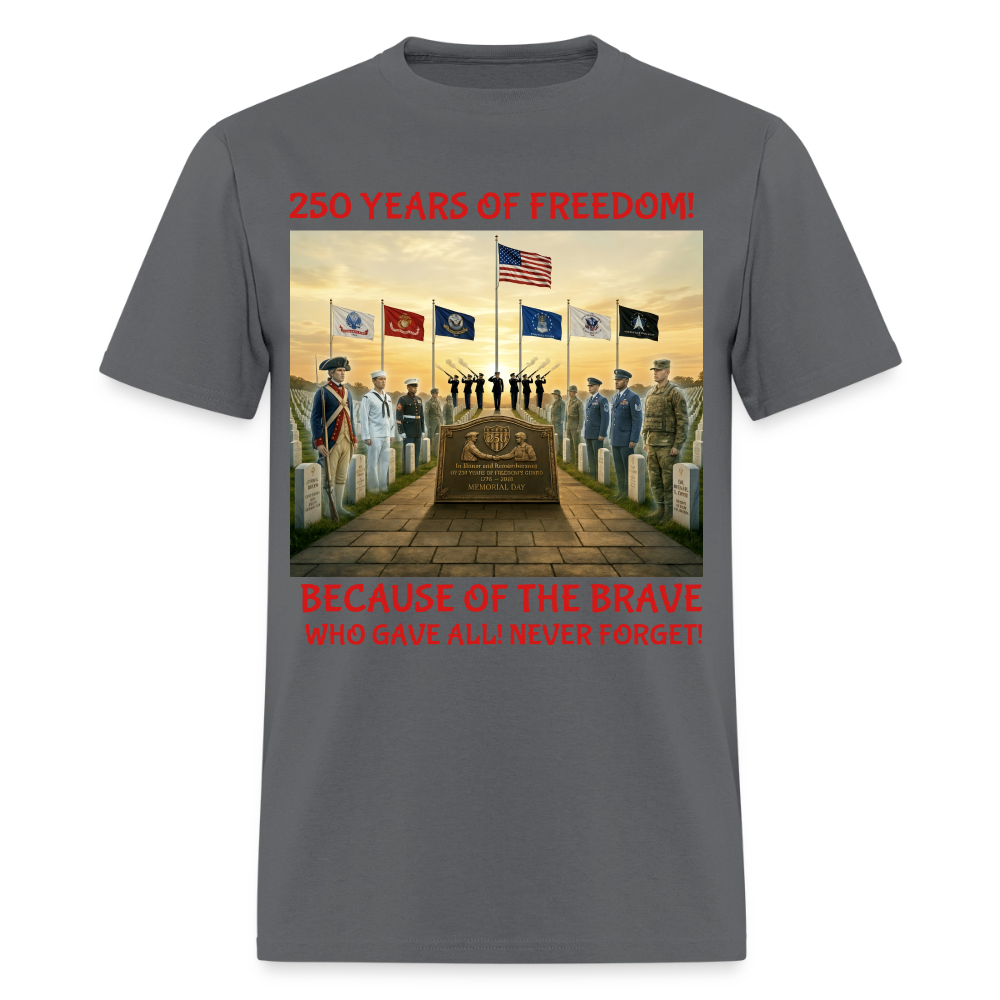 Men’s Memorial Day 2026 Shirt | 250 Years of Freedom Tribute Tee with Soldiers 1776‑2026, 21‑Gun Salute, American Flag, Six Military Branches, Because of the Brave Never Forget - charcoal