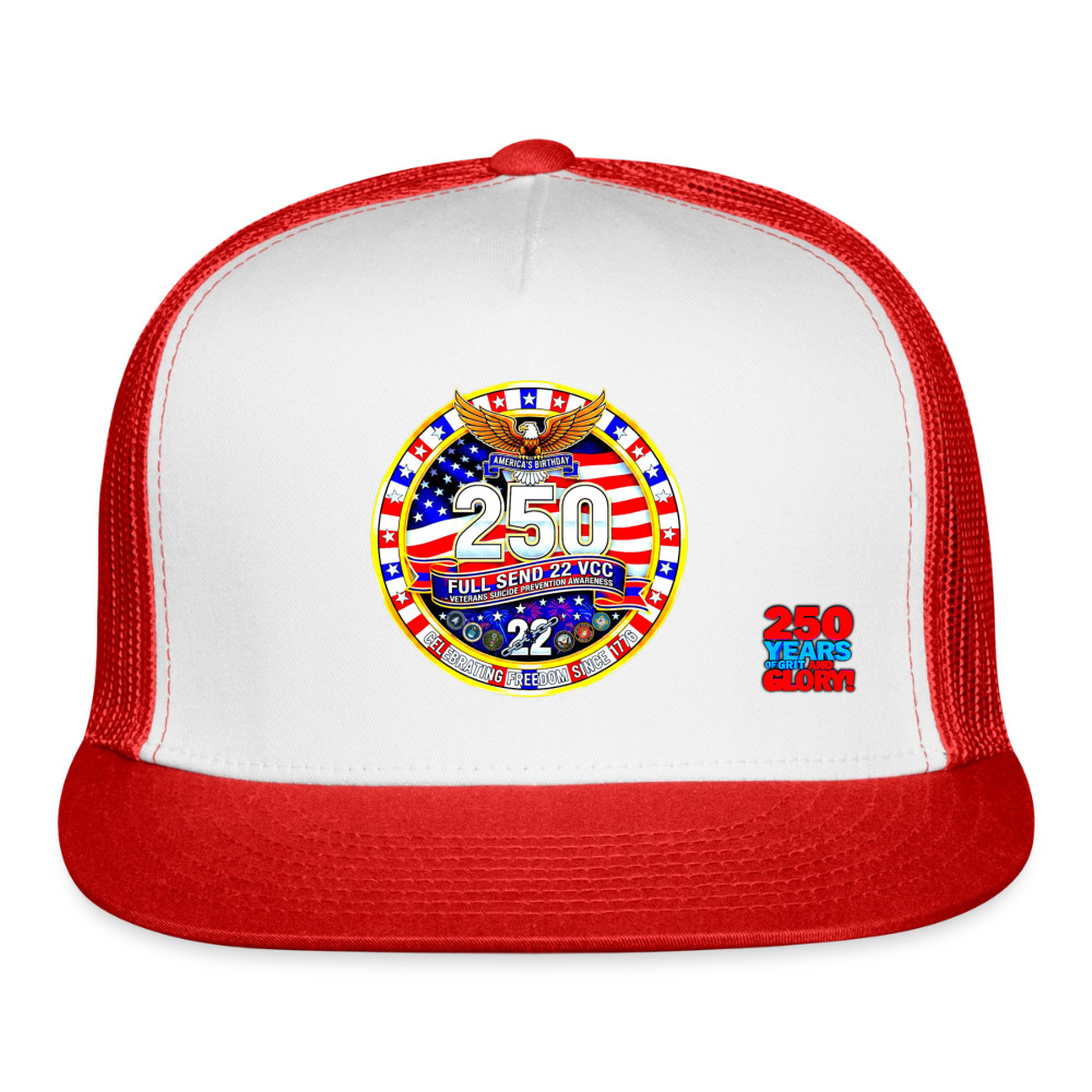 America 250 Trucker Cap Blue and White Patriotic Hat with Red White and Blue Logo Celebrating 250 Years of Grit and Glory USA Mesh Back Cap - white/red
