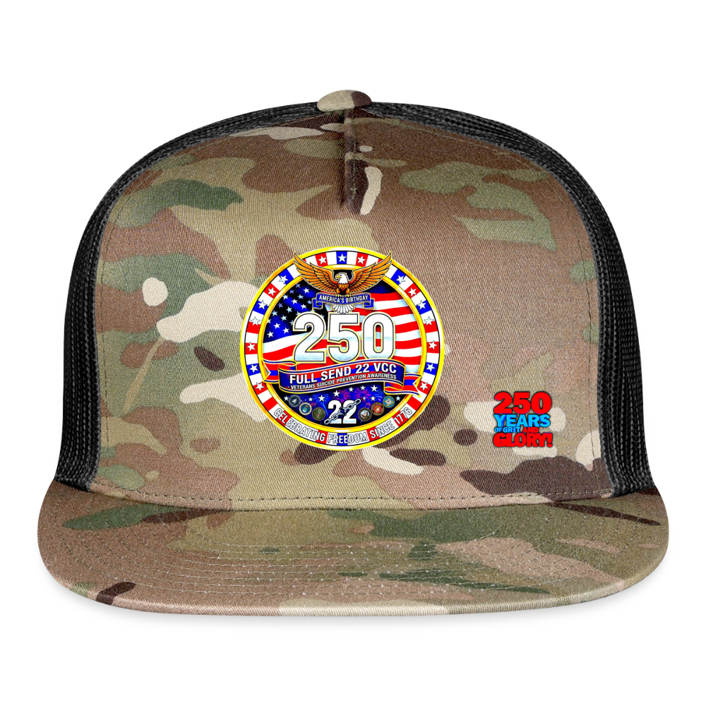 America 250 Trucker Cap Blue and White Patriotic Hat with Red White and Blue Logo Celebrating 250 Years of Grit and Glory USA Mesh Back Cap - MultiCam\black