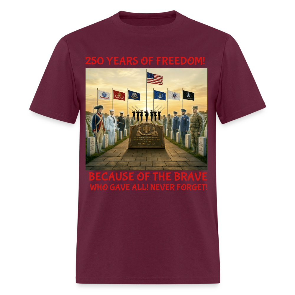 Men’s Memorial Day 2026 Shirt | 250 Years of Freedom Tribute Tee with Soldiers 1776‑2026, 21‑Gun Salute, American Flag, Six Military Branches, Because of the Brave Never Forget - burgundy