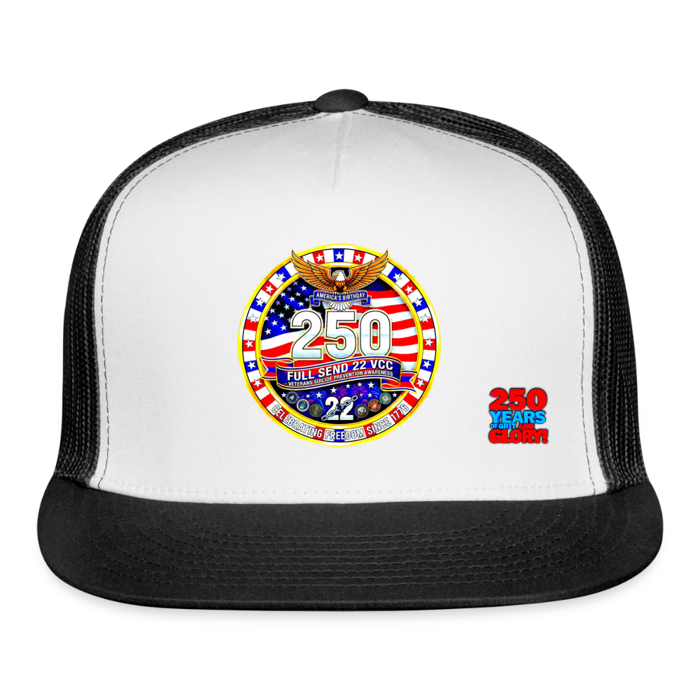 America 250 Trucker Cap Blue and White Patriotic Hat with Red White and Blue Logo Celebrating 250 Years of Grit and Glory USA Mesh Back Cap - white/black