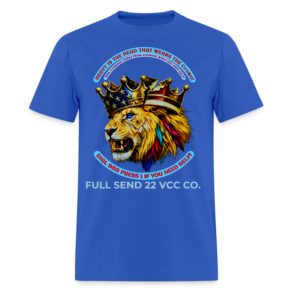 Men's T-Shirt Burdened King Patriotic Lion Shirt – Men’s Mental Health & 988 Support Tee - royal blue
