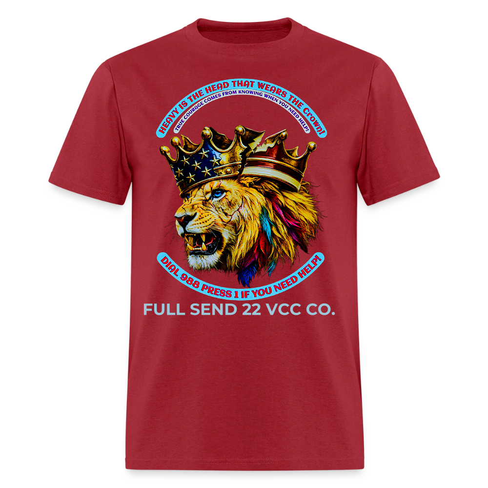 Men's T-Shirt Burdened King Patriotic Lion Shirt – Men’s Mental Health & 988 Support Tee - dark red