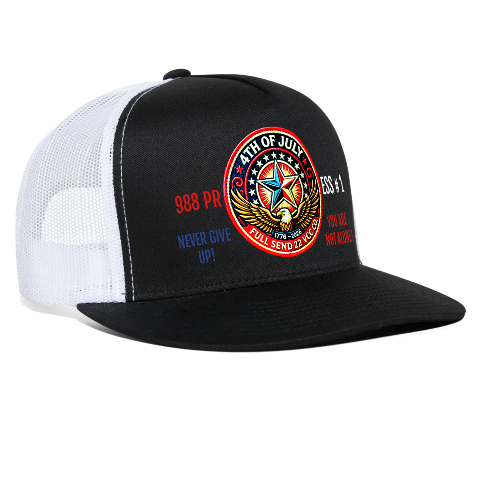 Trucker Hat| Show your pride and purpose with the Never Give Up! You Are Not Alone Hat from Full Send 22 VCC Co. — a veteran‑founded brand dedicated to raising awareness for men’s mental health and veteran suicide prevention. Hat Version 1 - black/white