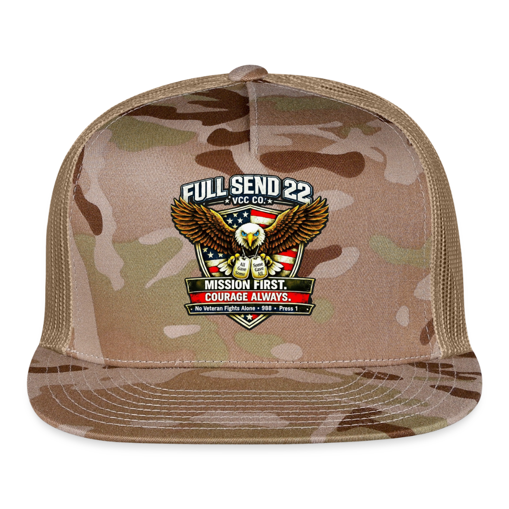 Trucker Hat No Veteran Fight Alone |Eagle Overwatch | Suicide Hotline - MultiCam\tan