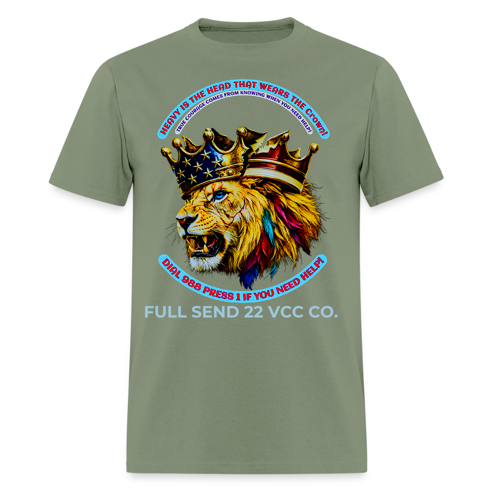 Men's T-Shirt Burdened King Patriotic Lion Shirt – Men’s Mental Health & 988 Support Tee - military green