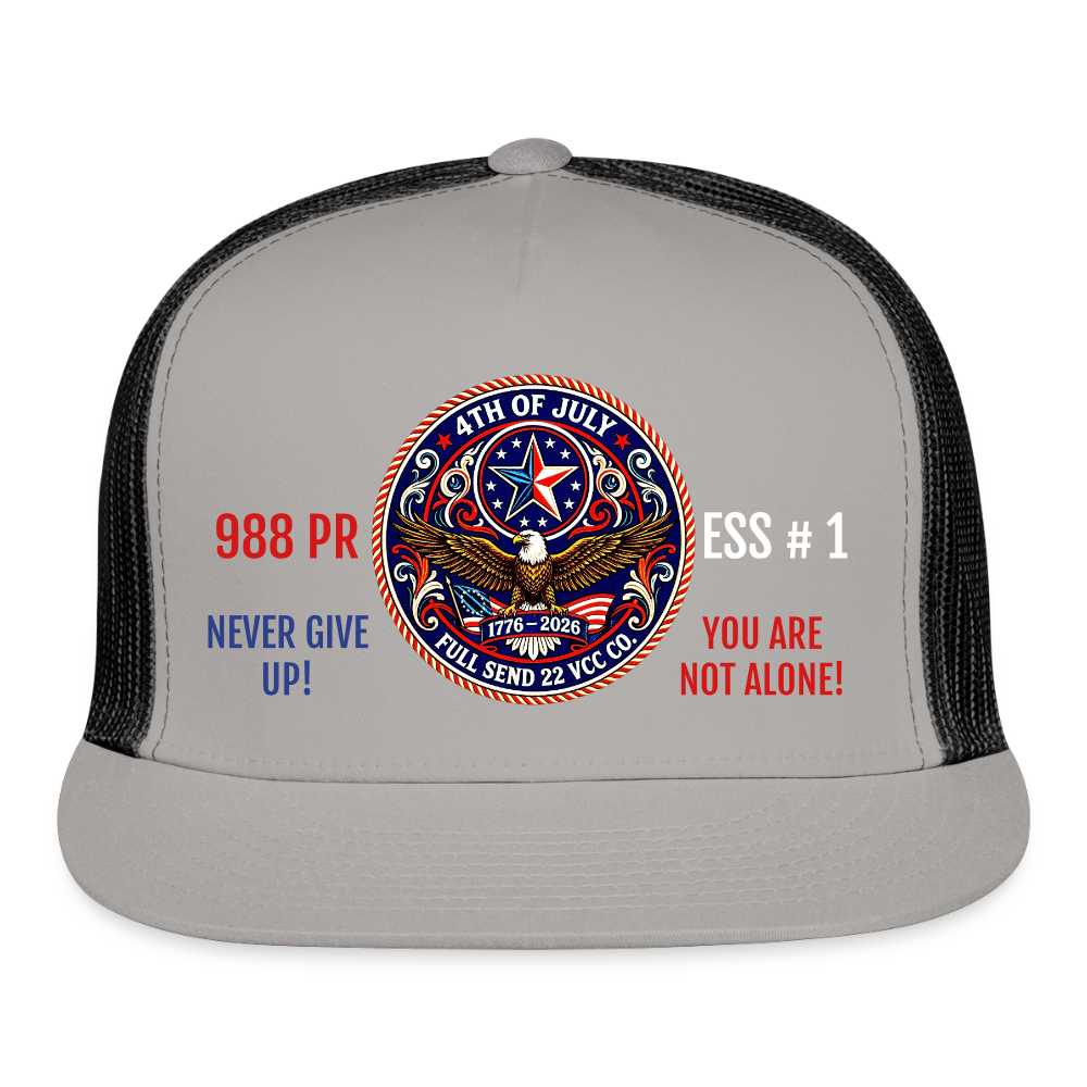 Trucker Hat| Trucker Hat| Show your pride and purpose with the Never Give Up! You Are Not Alone Hat from Full Send 22 VCC Co. — a veteran‑founded brand dedicated to raising awareness for men’s mental health and veteran suicide prevention. Version 2 - gray/black