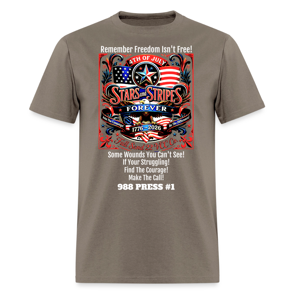 Men's T-Shirt | Freedom Isn’t Free Patriotic 250th Anniversary Shirt – Stars and Stripes Forever – Veteran & Men’s Mental Health Awareness Tee - safari