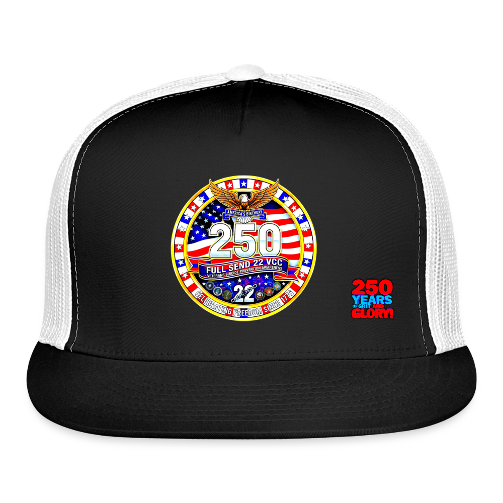 America 250 Trucker Cap Blue and White Patriotic Hat with Red White and Blue Logo Celebrating 250 Years of Grit and Glory USA Mesh Back Cap - black/white