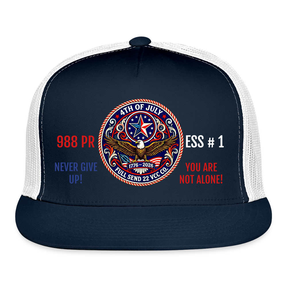 Trucker Hat| Trucker Hat| Show your pride and purpose with the Never Give Up! You Are Not Alone Hat from Full Send 22 VCC Co. — a veteran‑founded brand dedicated to raising awareness for men’s mental health and veteran suicide prevention. Version 2 - navy/white