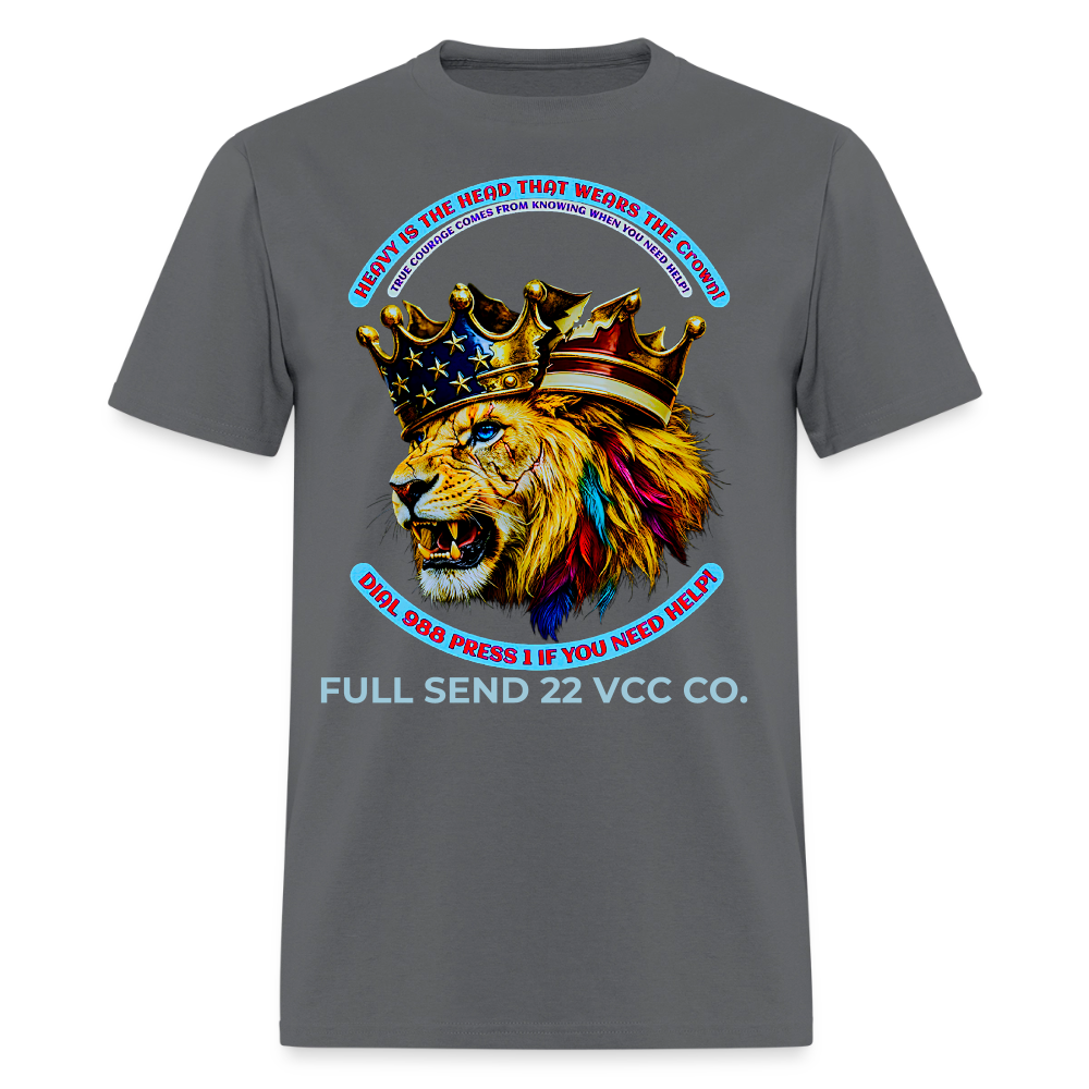 Men's T-Shirt Burdened King Patriotic Lion Shirt – Men’s Mental Health & 988 Support Tee - charcoal