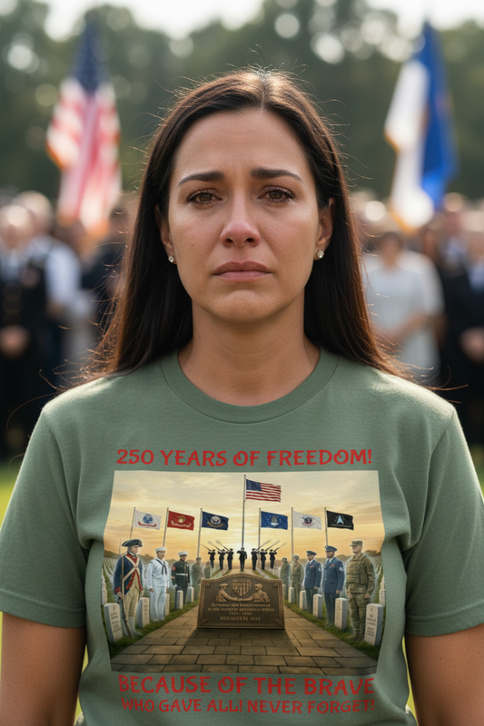 Men’s Memorial Day 2026 Shirt | 250 Years of Freedom Tribute Tee with Soldiers 1776‑2026, 21‑Gun Salute, American Flag, Six Military Branches, Because of the Brave Never Forget - military green